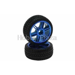 Blue 6 dual-spoke Painted Wheels + Tires (1/10 Car)
